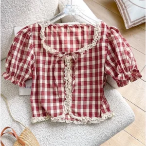 Women's Bubble Sleeve Lace Trim Top