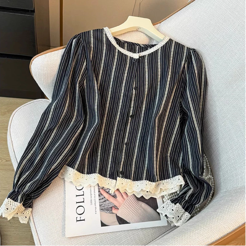 Women's French Lace Stripe Blouse - Image 2