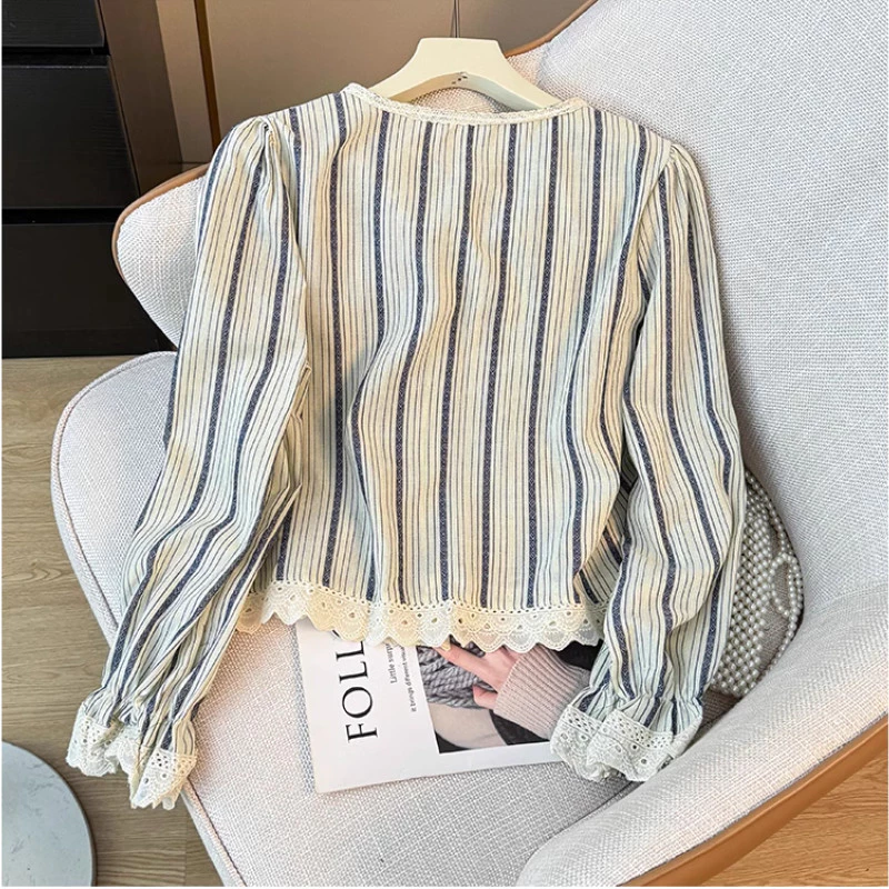 Women's French Lace Stripe Blouse - Image 3